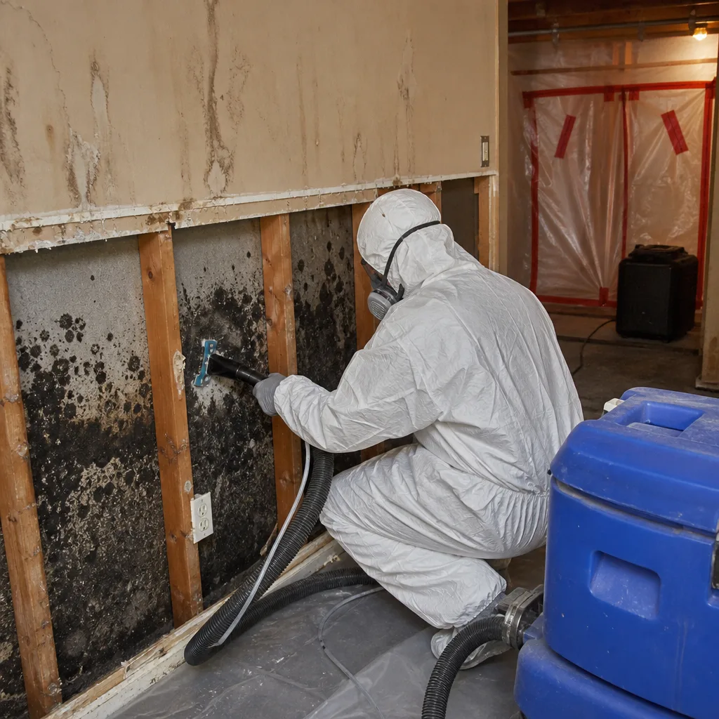 Technician in protective gear performing professional mold remediation on interior walls.
