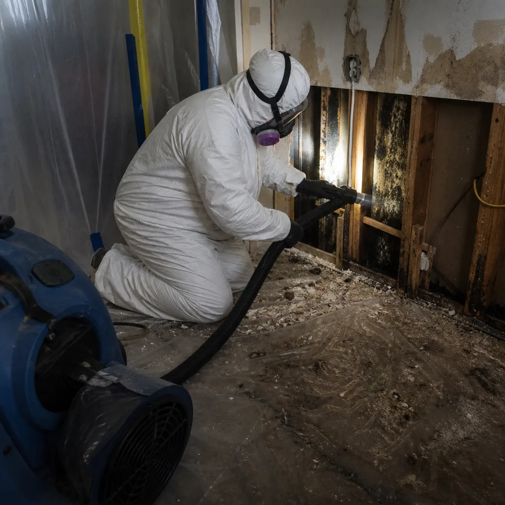 Professional in protective suit performing mold remediation on interior wall studs.