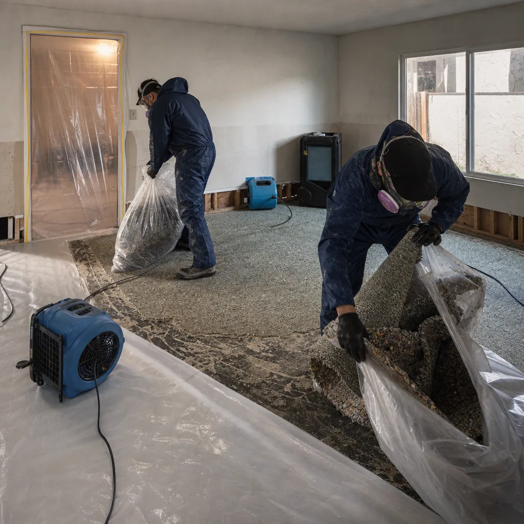 Technicians in protective suits performing professional sewage cleanup and floor removal
