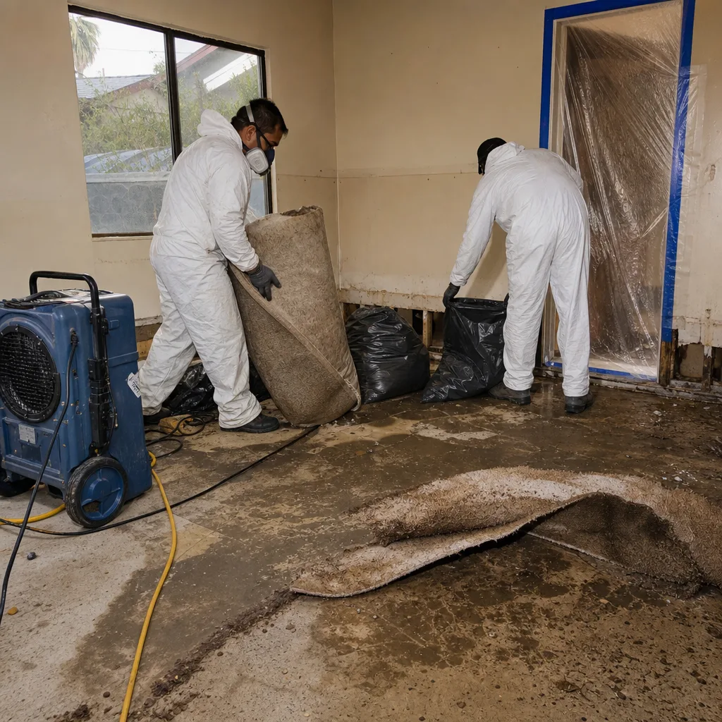 Technicians in hazmat suits performing professional sewage cleanup and water damage restoration