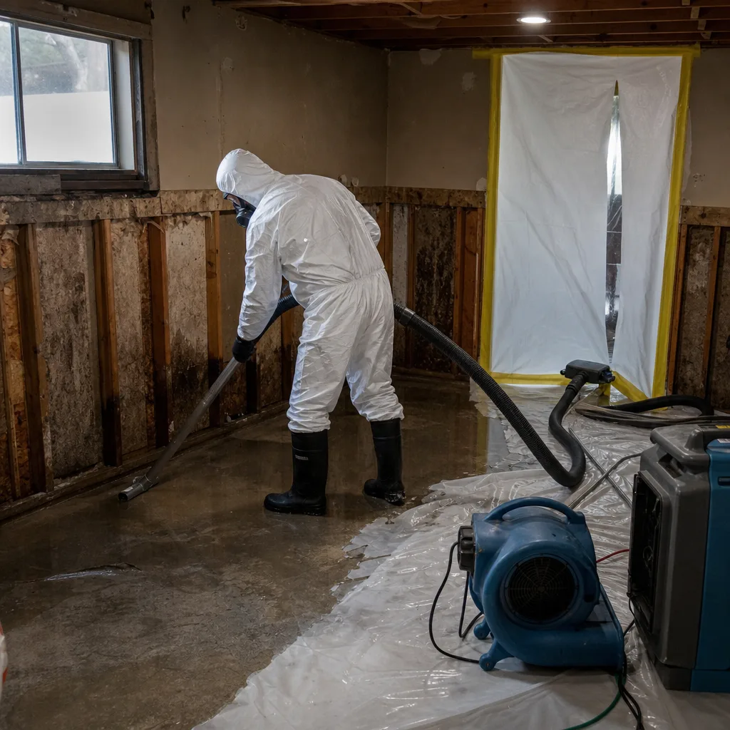 Professional in hazmat suit performing basement sewage and water damage cleanup
