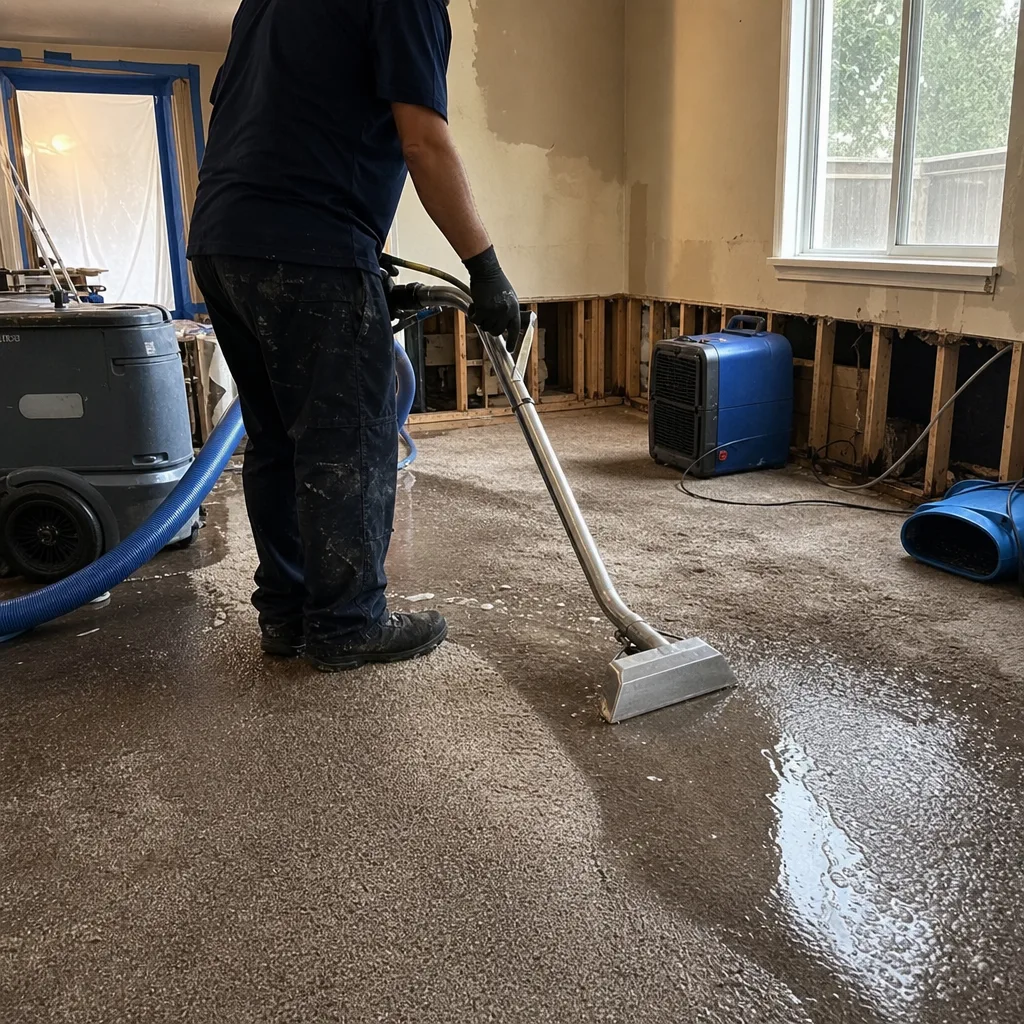 Technician performing professional water damage restoration with floor extraction equipment.